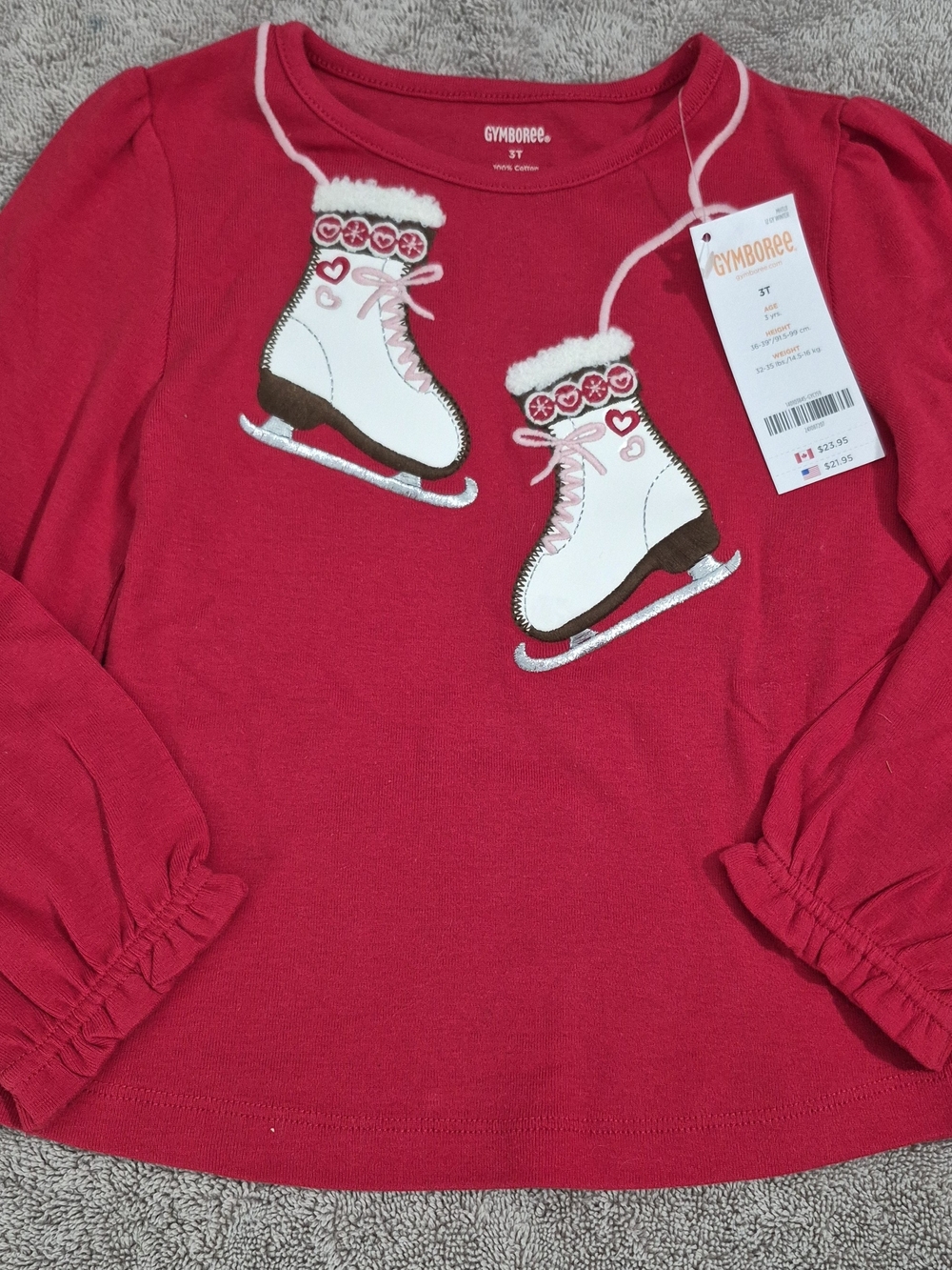 Gymboree Bright Red Long Sleeve Top with Ice Skate Appliqués 3T NWT